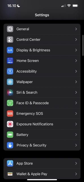 Screenshot showing the Settings app in iOS