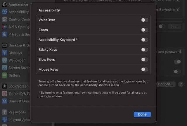 Screenshot showing the different lock screen options for macOS