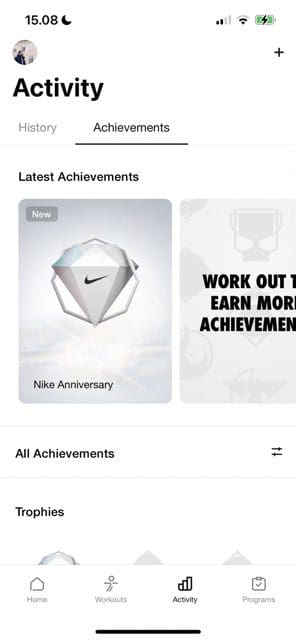Screenshot showing a list of achievements in Nike Training Club