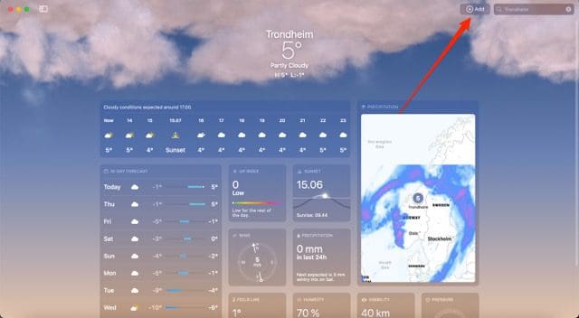 Screenshot showing the button to add a new location in the Weather app for Mac