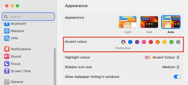 Screenshot showing the Accent color tab on Mac