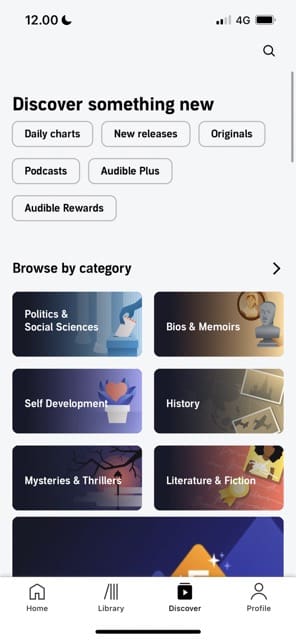 Screenshot showing different genres in Audible for iOS
