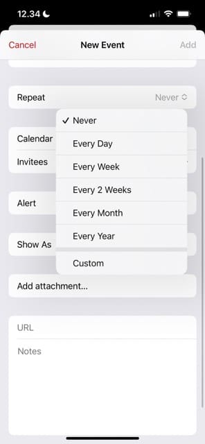 Screenshot showing how to set up repeat tasks in the Calendar app for iOS