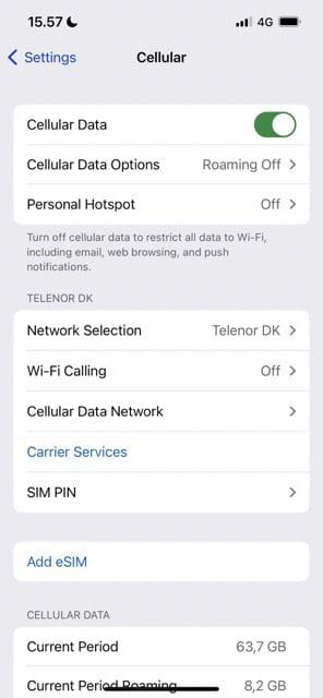 screenshot showing the cellular page in iphone settings