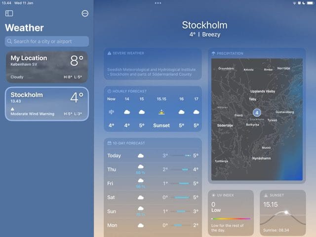 Screenshot showing a city added to the Weather app on iPad