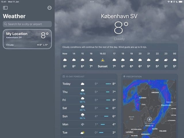 Screenshot showing the weather forecast for a city in the Weather app on iPad