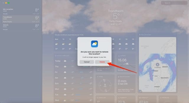 Screenshot showing the button to delete a location in the Weather app