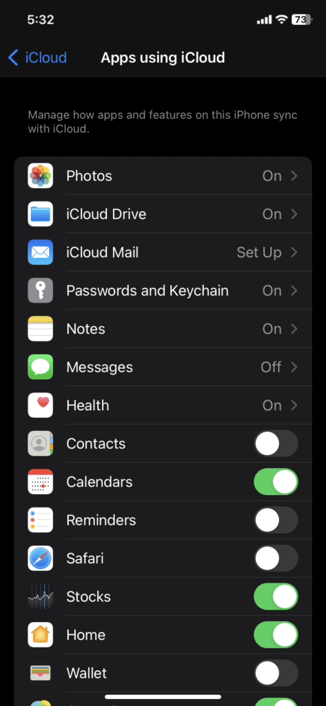 iCloud Messages Settings Page