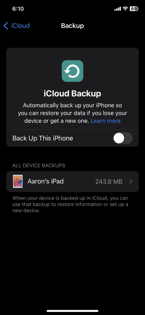 iCloud Backup Toggle Screenshot