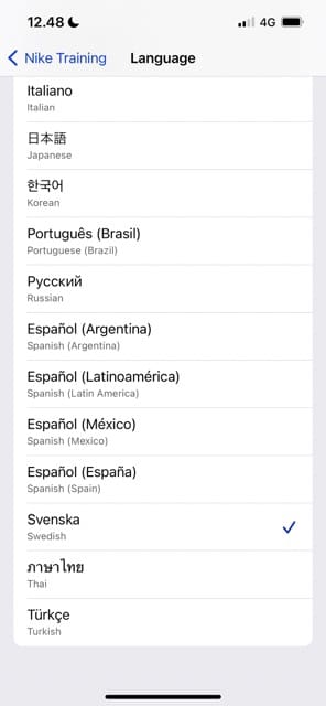 Screenshot showing the list of languages in Nike Training Club for iOS