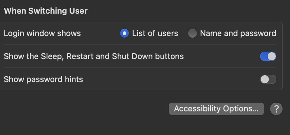 Screenshot showing the different lock screen user settings in macOS