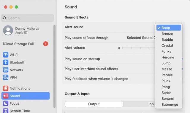 Screenshot showing how to change sound from dropdown menu on Mac
