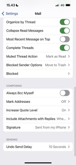 Screenshot showing how to access Mail settings in iOS