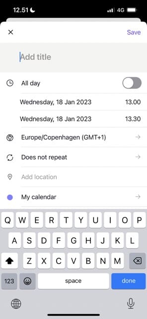 Screenshot showing how to create a new event in Proton Calendar for iOS