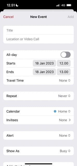 Screenshot showing how to create a new event in Apple Calendar for iOS
