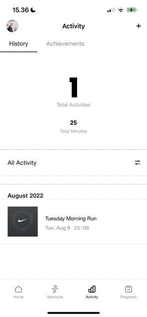 Screenshot showing completed workouts in Nike Training Club