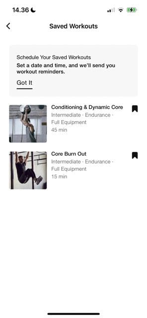 Screenshot showing saved workouts in Nike Training Club