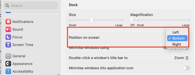 Screenshot showing the Position on screen option in macOS Ventura