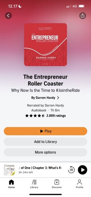 Screenshot showing a recommended book in Audible for iOS