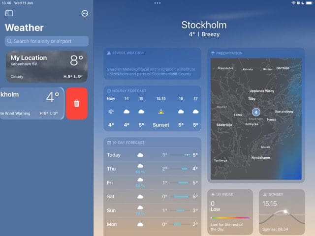 Screenshot showing how to remove a city's location in Weather on iPad