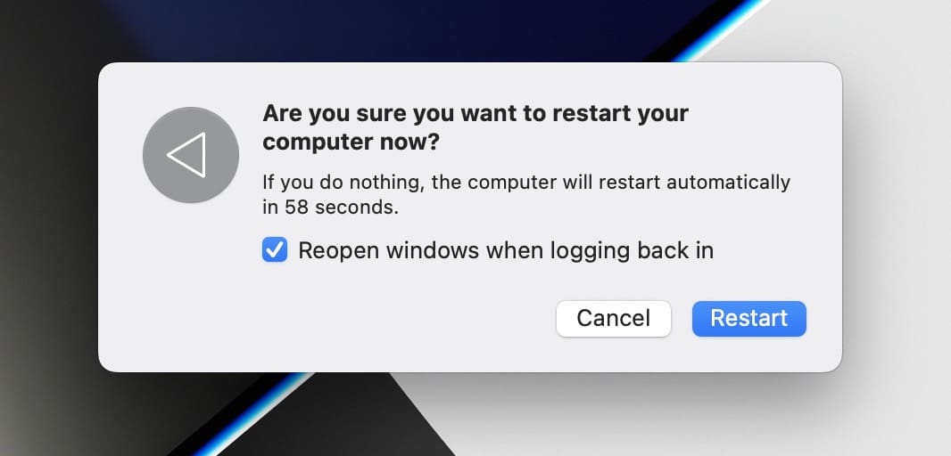 The pop-up window asking you to restart your Mac