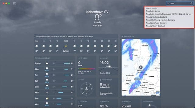 Screenshot showing the search results in the Weather app for Mac