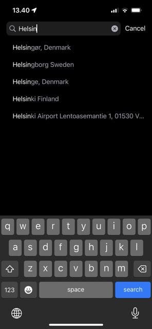 Screenshot showing a user searching for a city in the Weather app