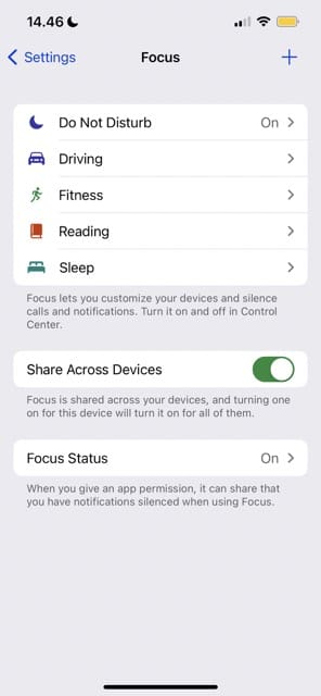 Screenshot showing the main Focus mode screen in iOS