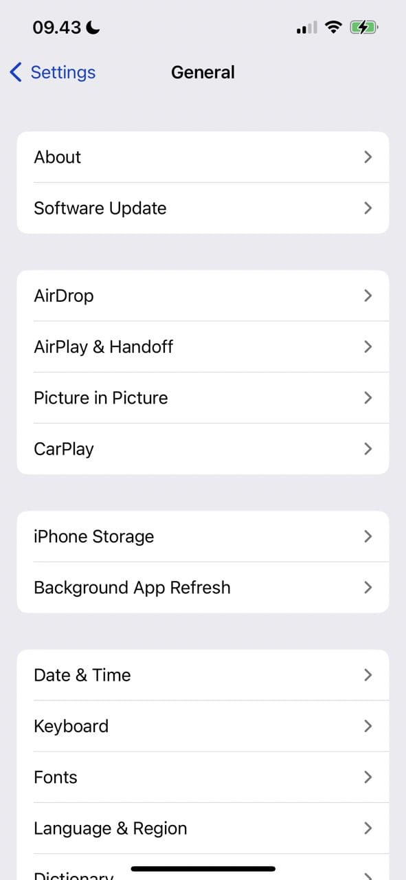 screenshot showing the general tab in settings on iphone