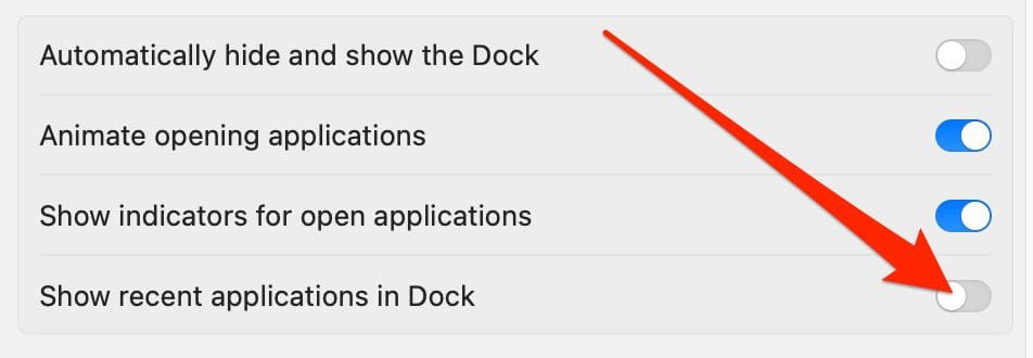 Screenshot how to turn on the feature for recent applications in the Dock on Mac