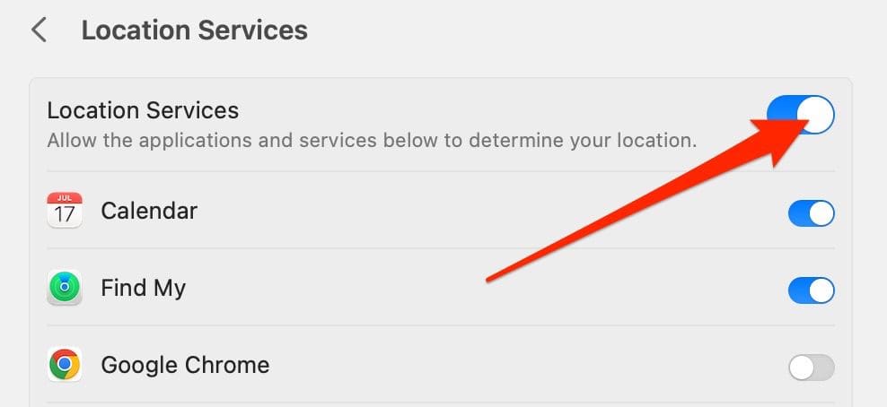 Screenshot showing how to toggle your location services on macOS