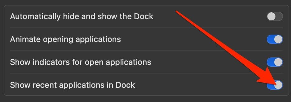 Screenshot showing how to hide recent apps in Dock on Mac