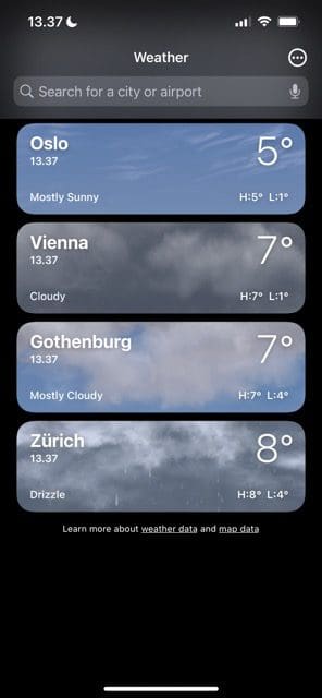 Screenshot showing the search bar in the Weather app