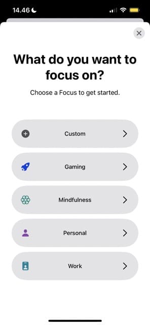 Screenshot showing the different focus mode selections on iPhone