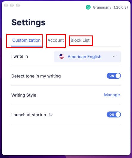 A screenshot for Grammarly for Mac Settings