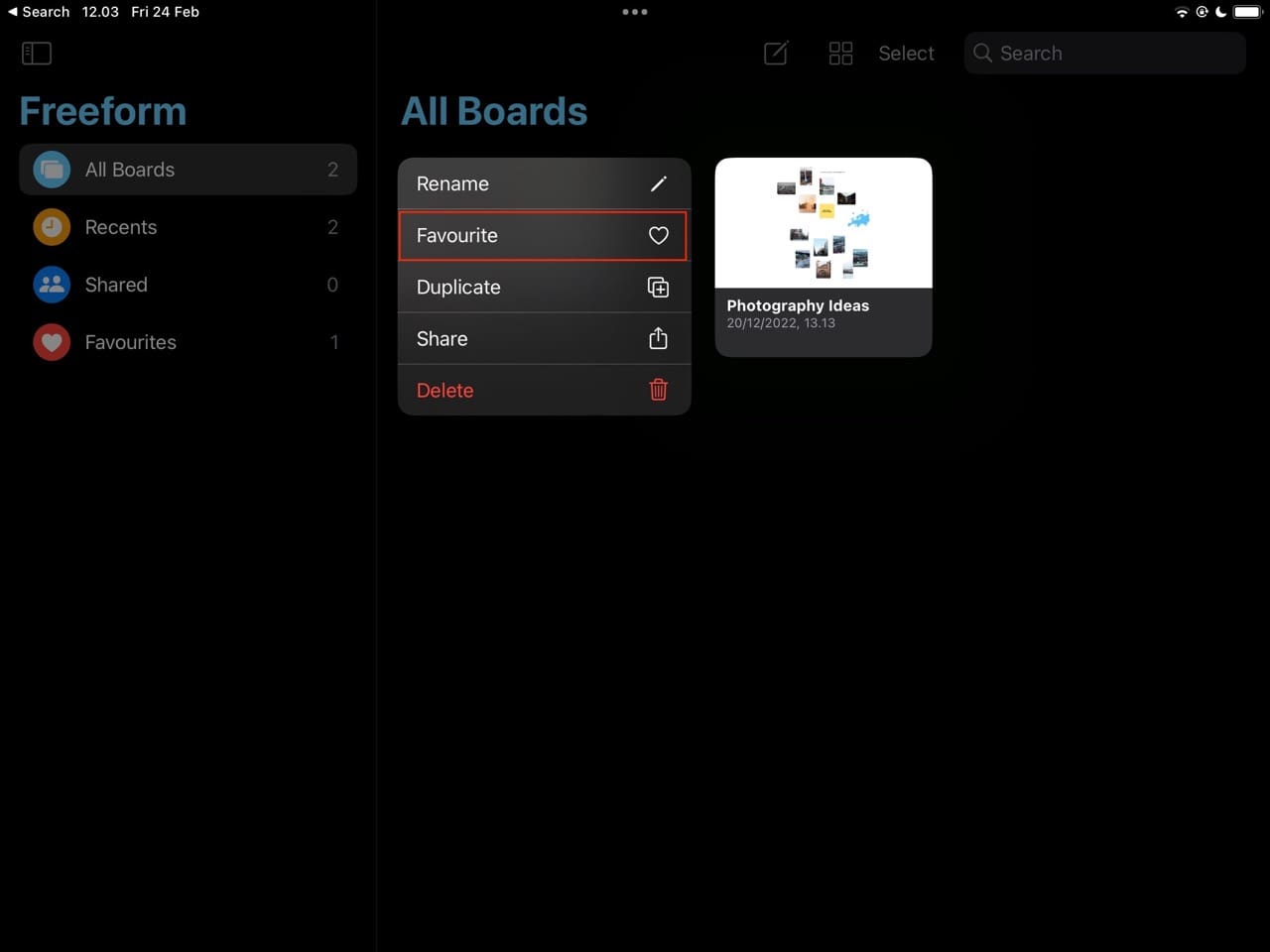 Screenshot showing how to add a Favorite in Freeform for iPad