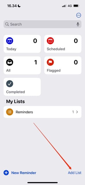 Screenshot showing the Add List option in iOS Reminders