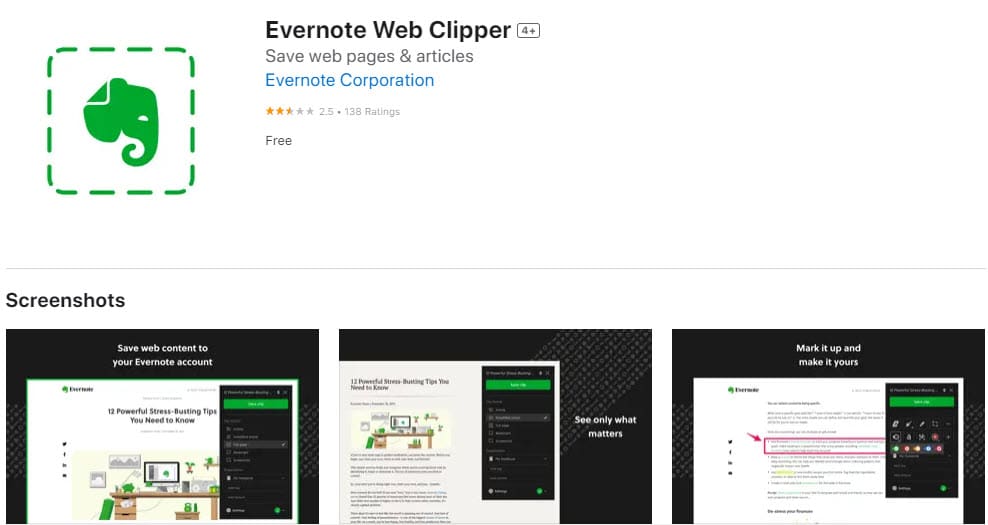 An example of the best Safari Extensions Evernote Web Clipper