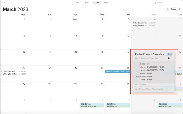 Screenshot showing how to change the time for an event in macOS