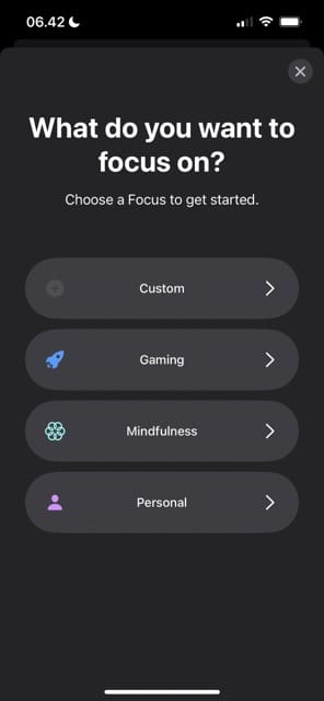 Screenshot showing how to choose a custom iOS Focus Mode
