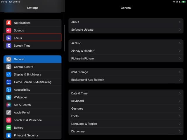 Screenshot showing how to choose the settings for Focus Modes on your iPad