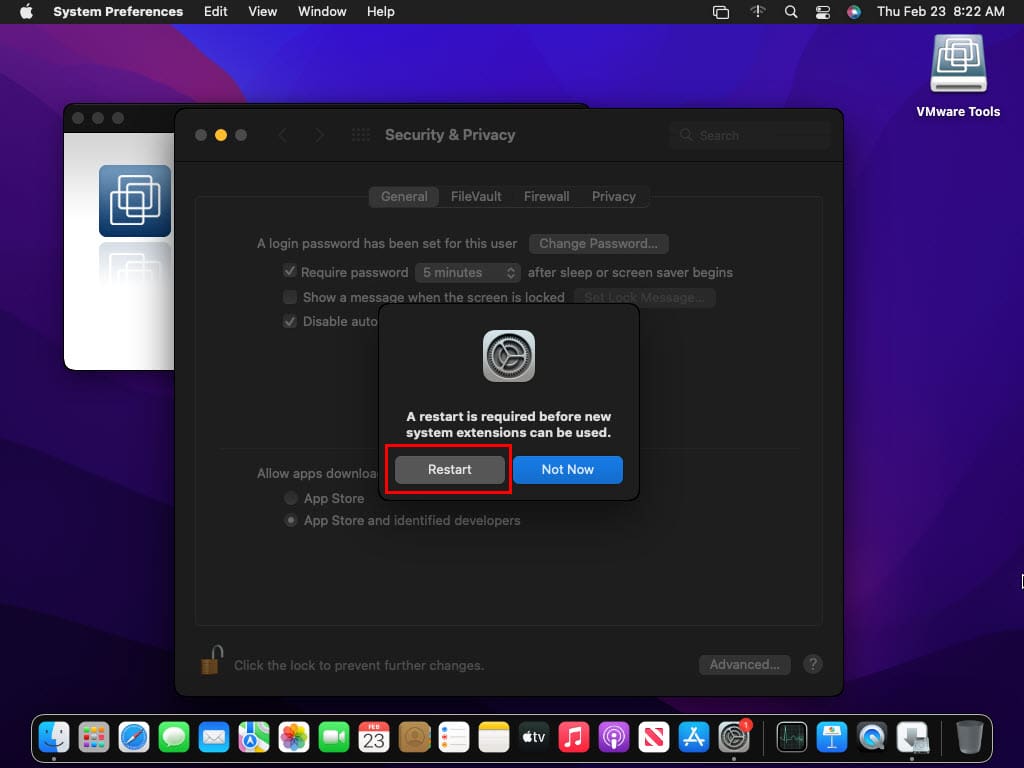 Click restart to install VMware Tools macOS