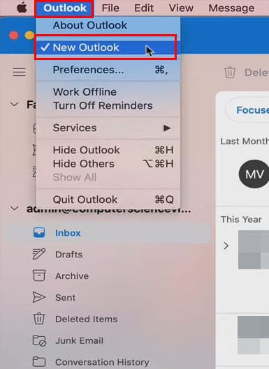 Disable New Outlook option from Outlook App Menu to Switch From New Outlook to Old on Mac