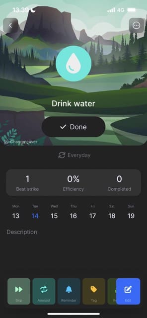 Screenshot showing how to drink your water drinking habits in Brite