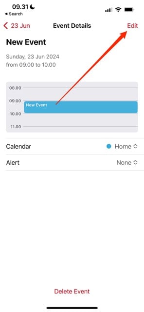 Screenshot showing how to edit an event in Apple Calendar for iOS