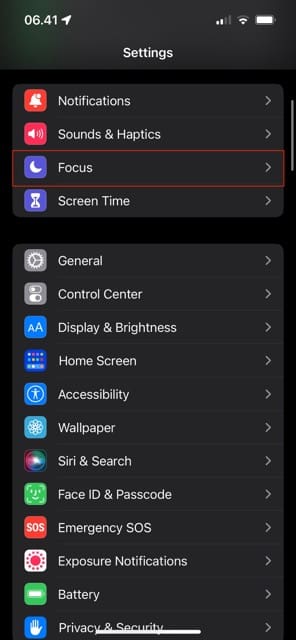 Screenshot showing how to find Focus in iOS