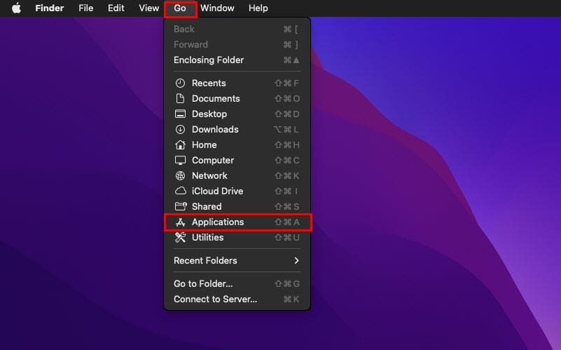 Go to applications folder of Mac from top menu bar