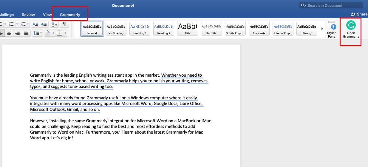 Grammarly elements on Microsoft Word for Mac