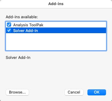 How to Add Solver to Excel on Mac checkmark the Solver add-in