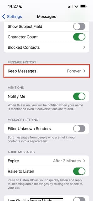 Messages Tab Settings App Screenshot